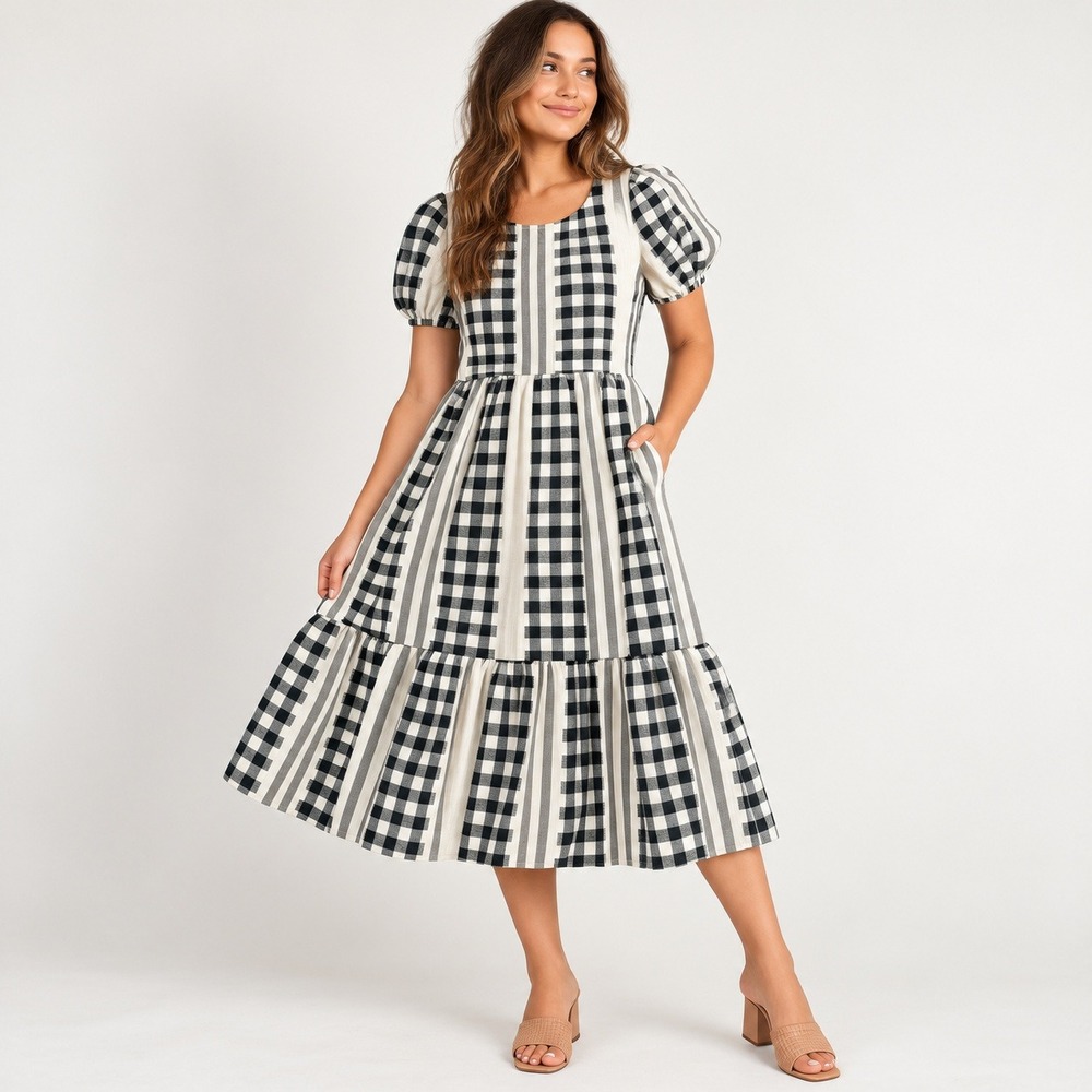 Polagram Midi Dress Womens Medium Black White Gingham Striped Puff Sleeve Tiered